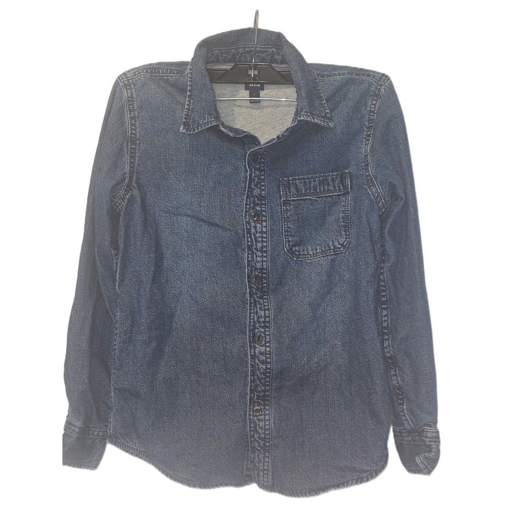 Gap Kids Denim Button Down Shirt Medium Wash Jersey Lined Blue Size L 10-11